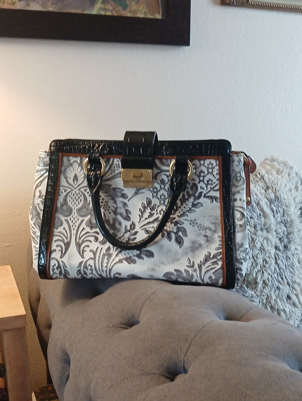 Brahmin Black, White & Brown Damask Satchel